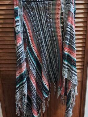 Striped Knit Fringe Cardigan - Coral, Teal, Gray